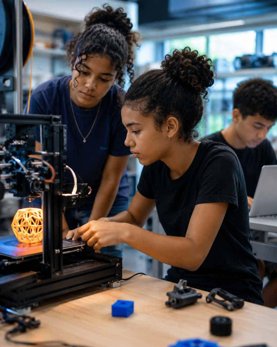 Estudantes utilizando impressora 3D e equipamentos maker em laboratório