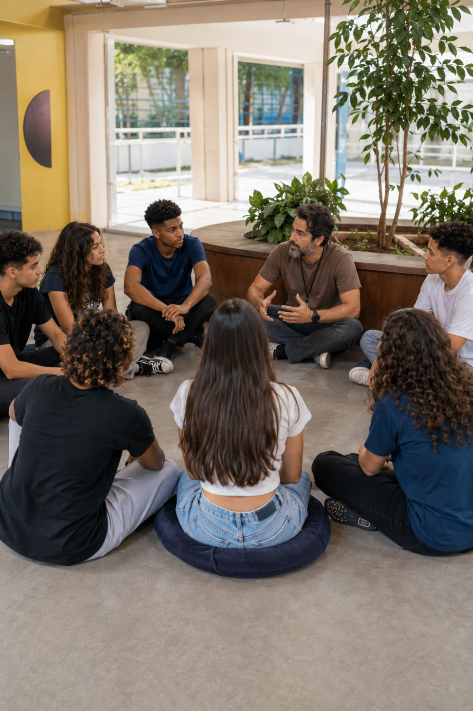 Roda de conversa entre estudantes e educador em ambiente escolar