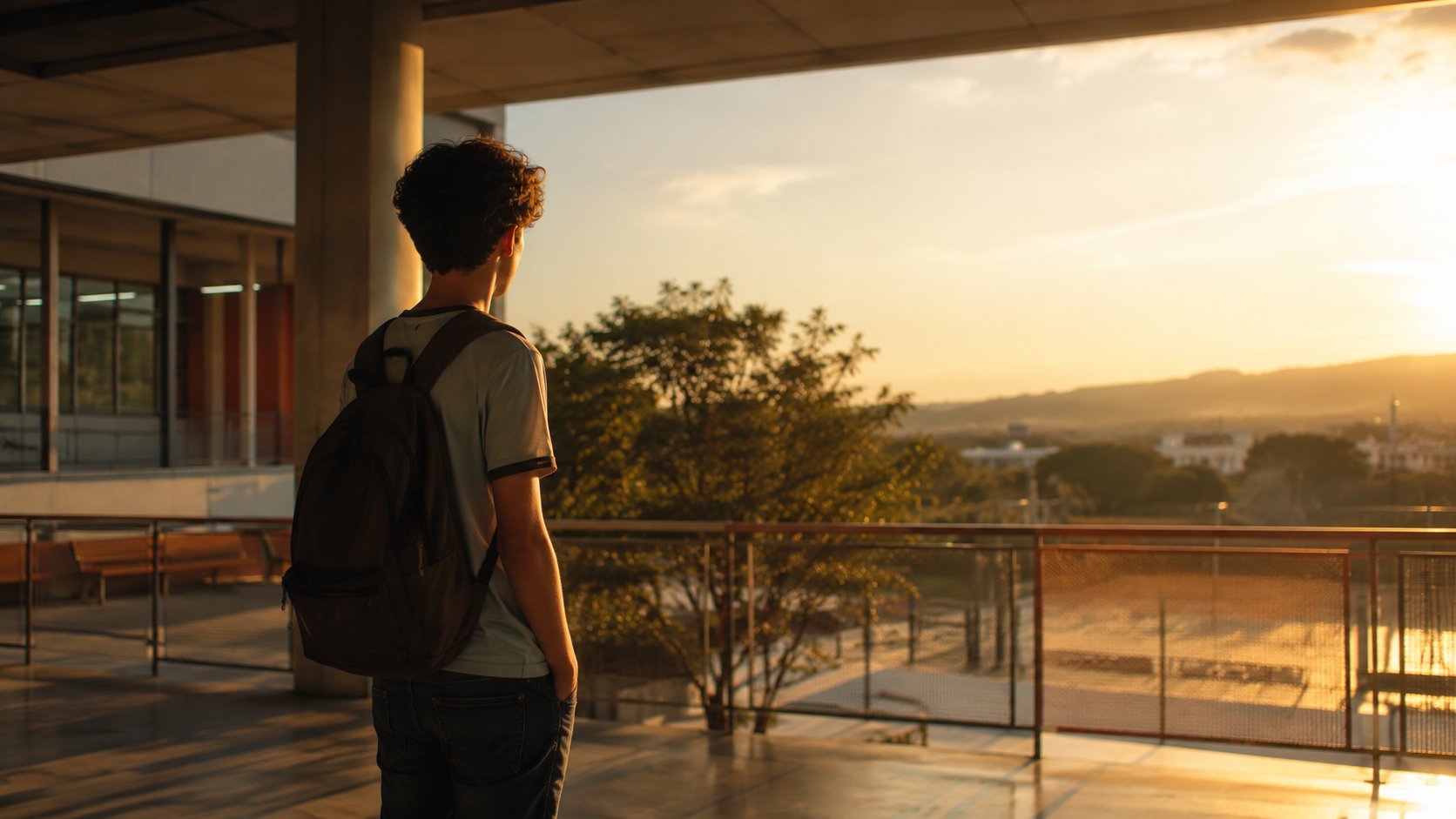 Estudante observando o horizonte em ambiente escolar ao entardecer