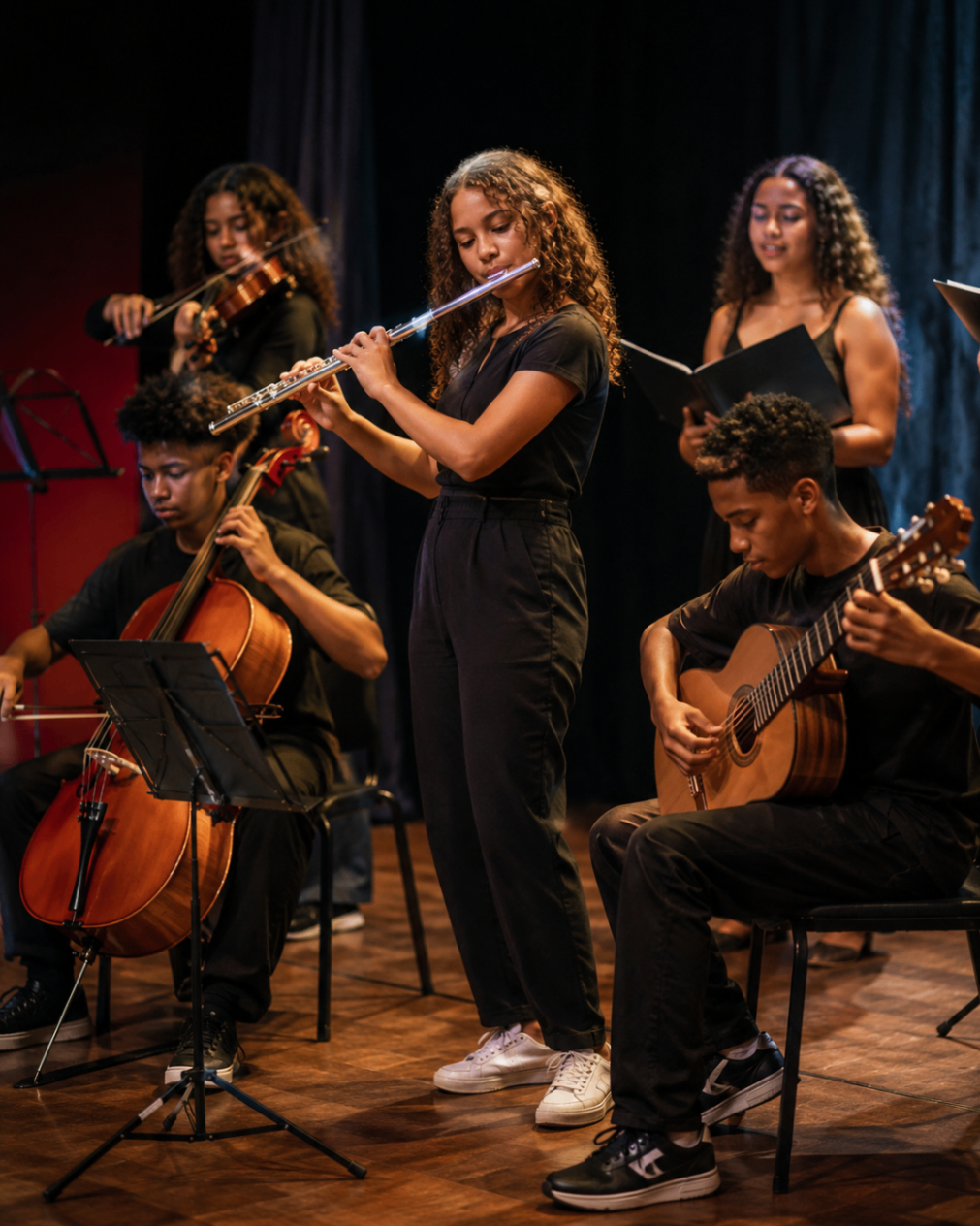Grupo de estudantes se apresentando com instrumentos musicais no palco