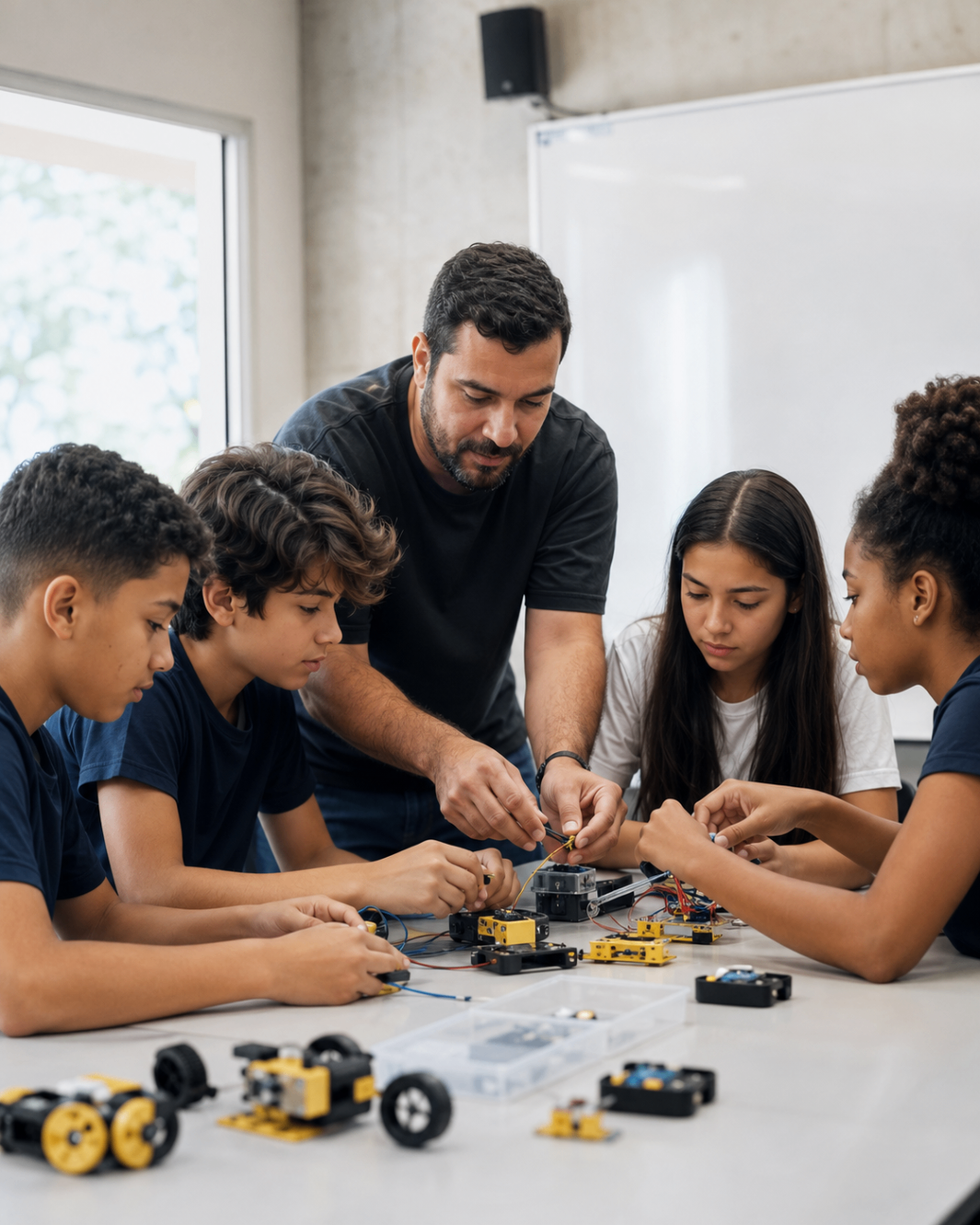 Educador orientando estudantes durante atividade prática de robótica em sala