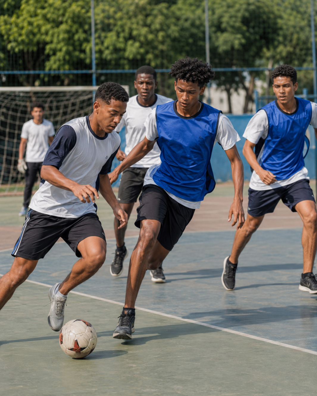 Estudantes jogando futebol em quadra escolar