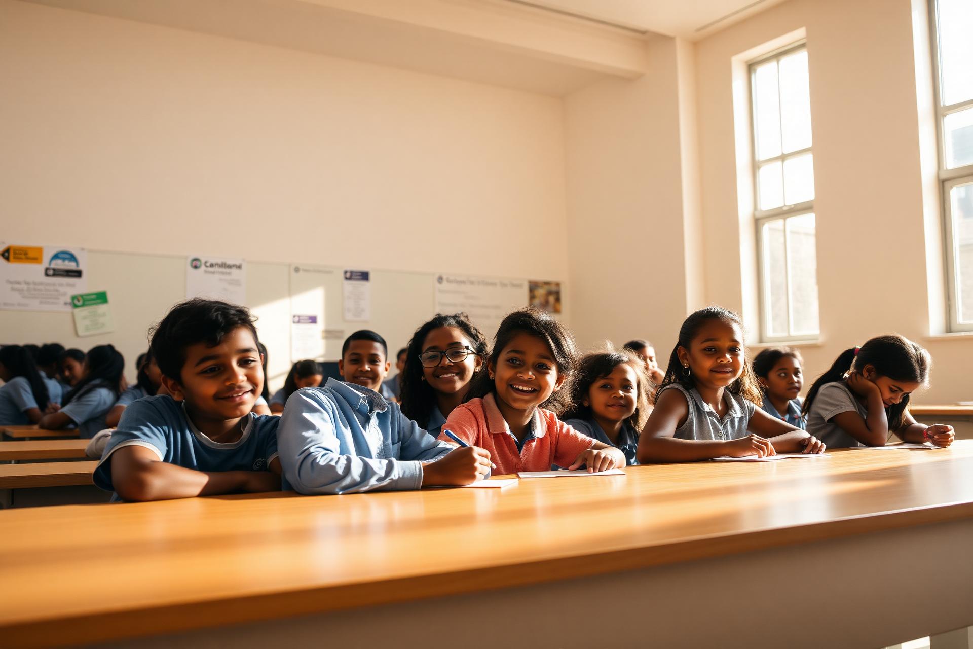 Estudantes brasileiros em ambiente escolar iluminado, engajados em atividades extracurriculares
